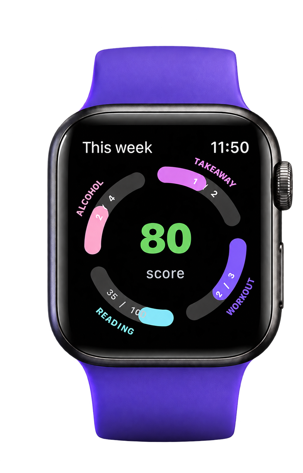 Apple Watch showing the WellRep weekly score.